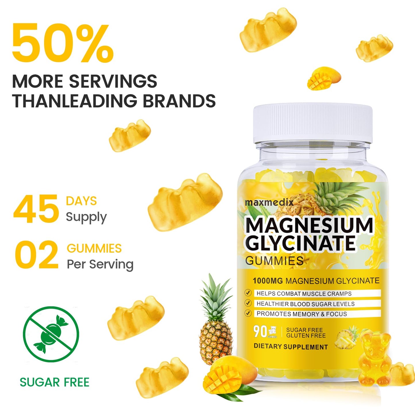 Magnesium Glycinate Gummies 1000mg – Sugar Free, Potassium Support (90 Mango Pineapple Gummies)