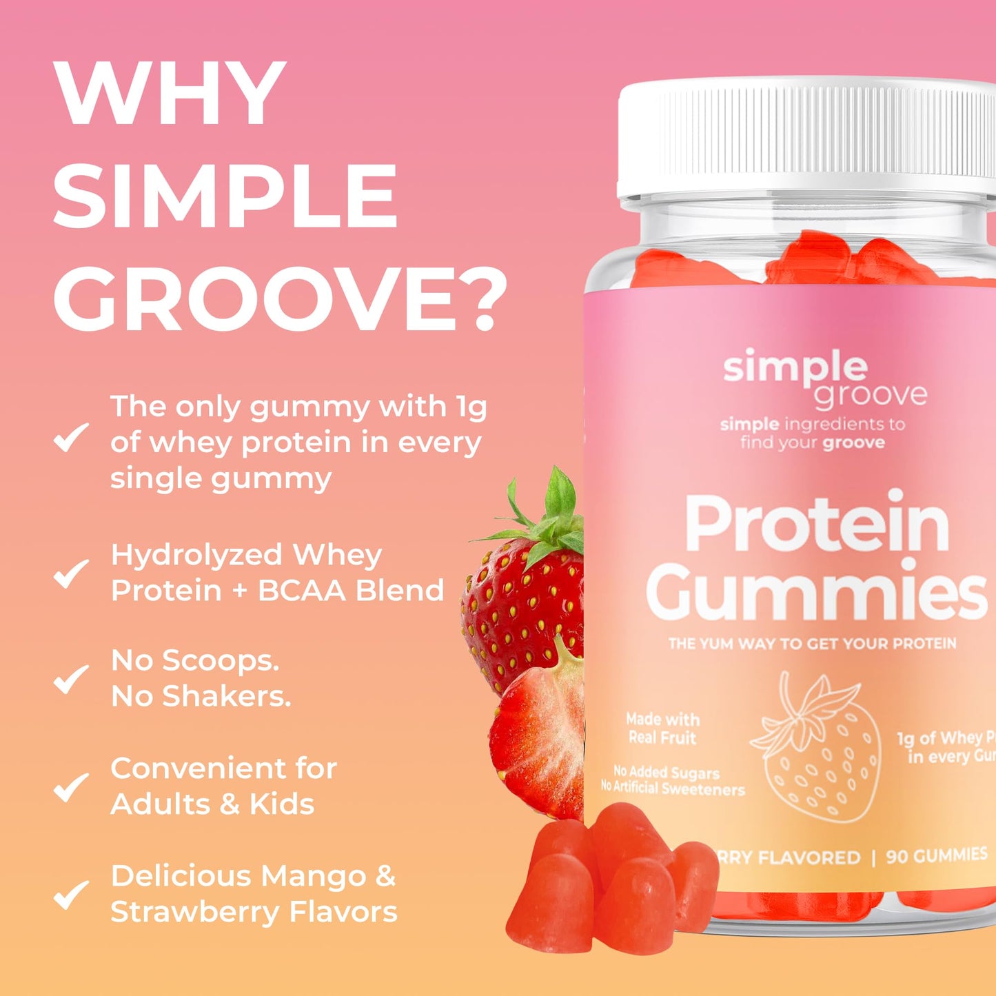 Simple Groove Protein Gummies - 1g Whey Protein per Gummy | 90 Count | Healthy Snacks