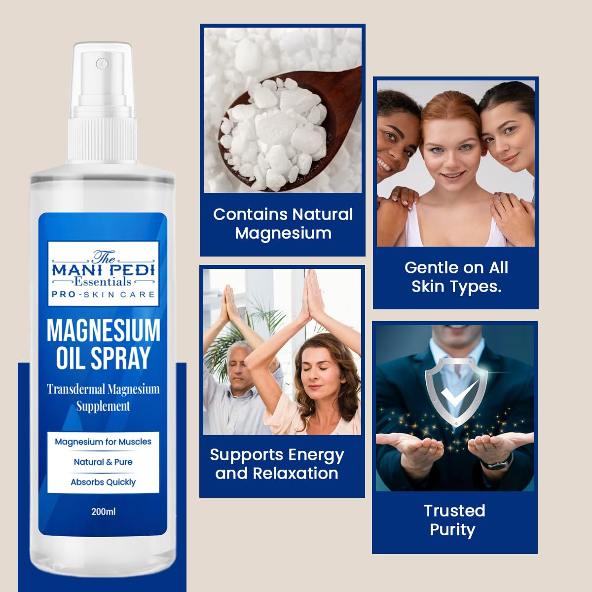 The Mani Pedi Essentials Magnesium Oil Spray – Quick Absorbing Topical Magnesium for Muscles & Sleep (7 fl oz)