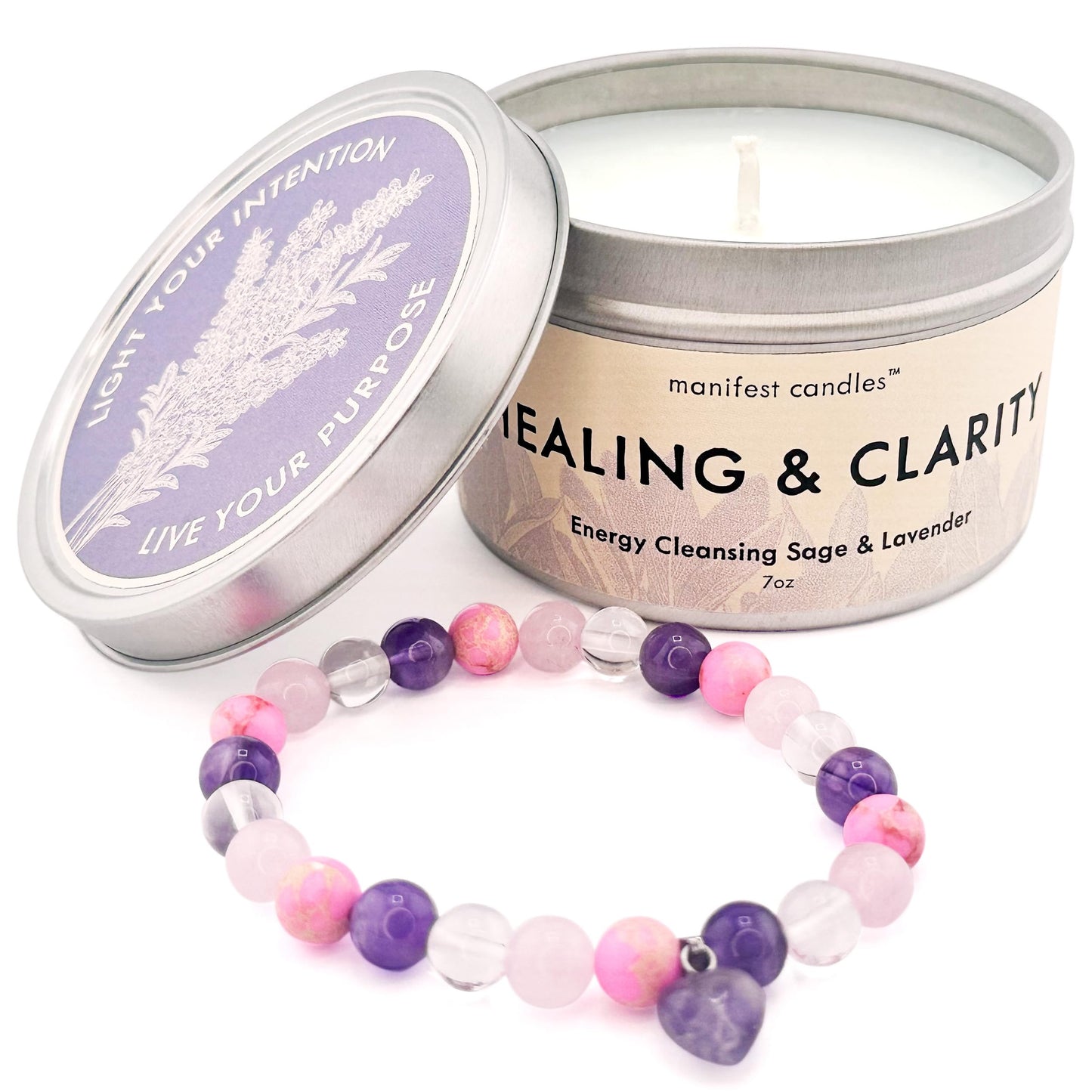 Lavender & Sage Healing Candle with Crystals Bracelet | Manifest Candles