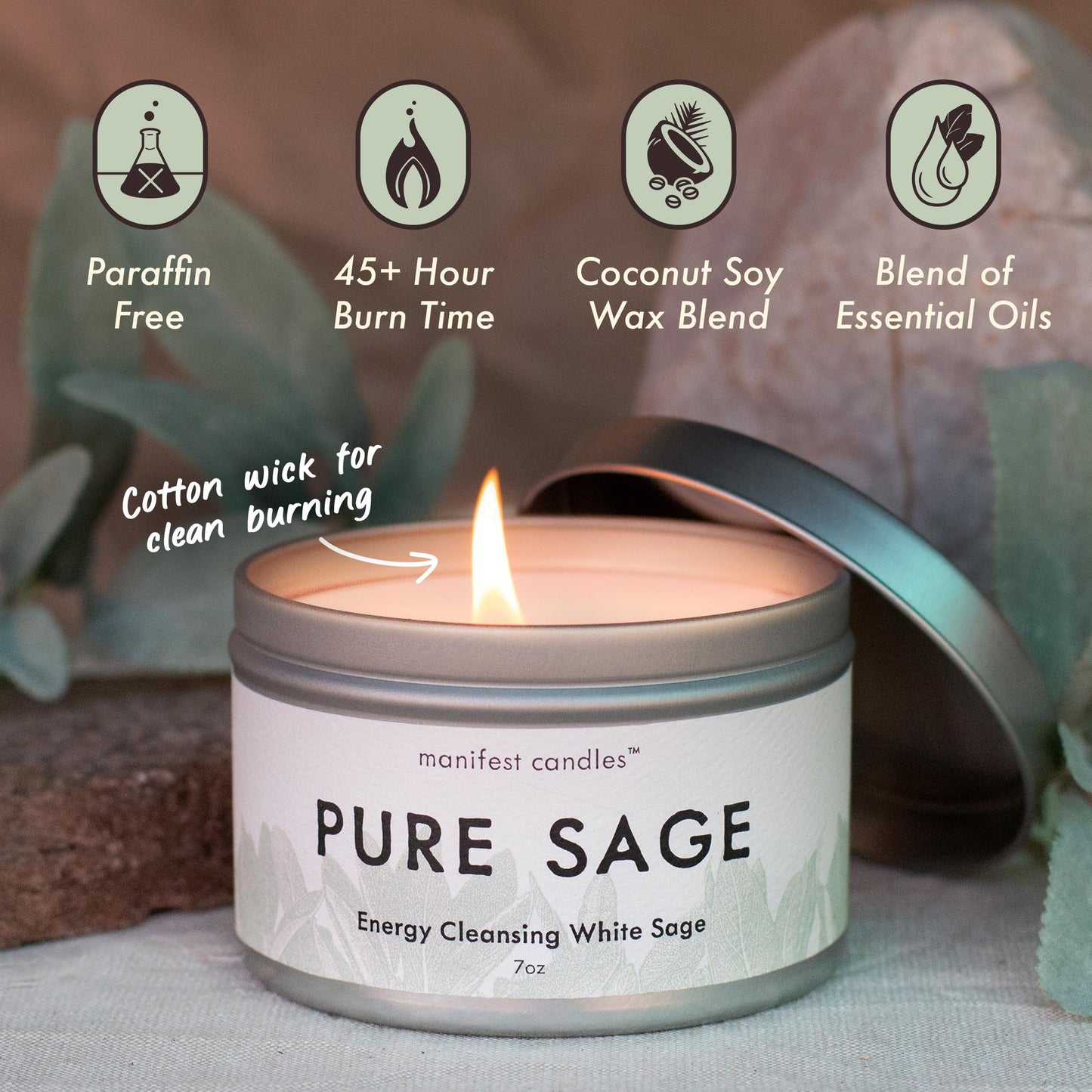 Manifest Candles White Sage Candle for Cleansing Negative Energy – 7oz, 50+ Hr Burn