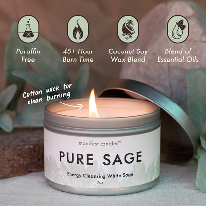 Manifest Candles White Sage Candle for Cleansing Negative Energy – 7oz, 50+ Hr Burn