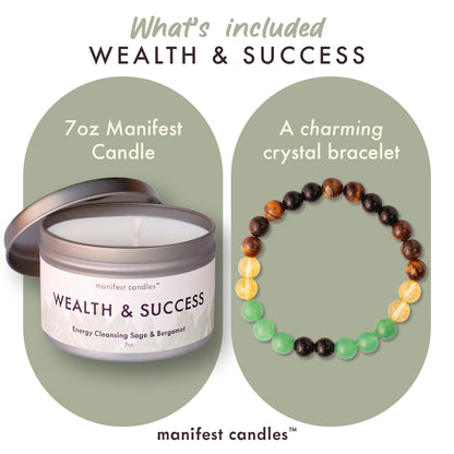 Manifest Sage & Bergamot Money Candle with Wealth Bracelet – 45 Hour Burn
