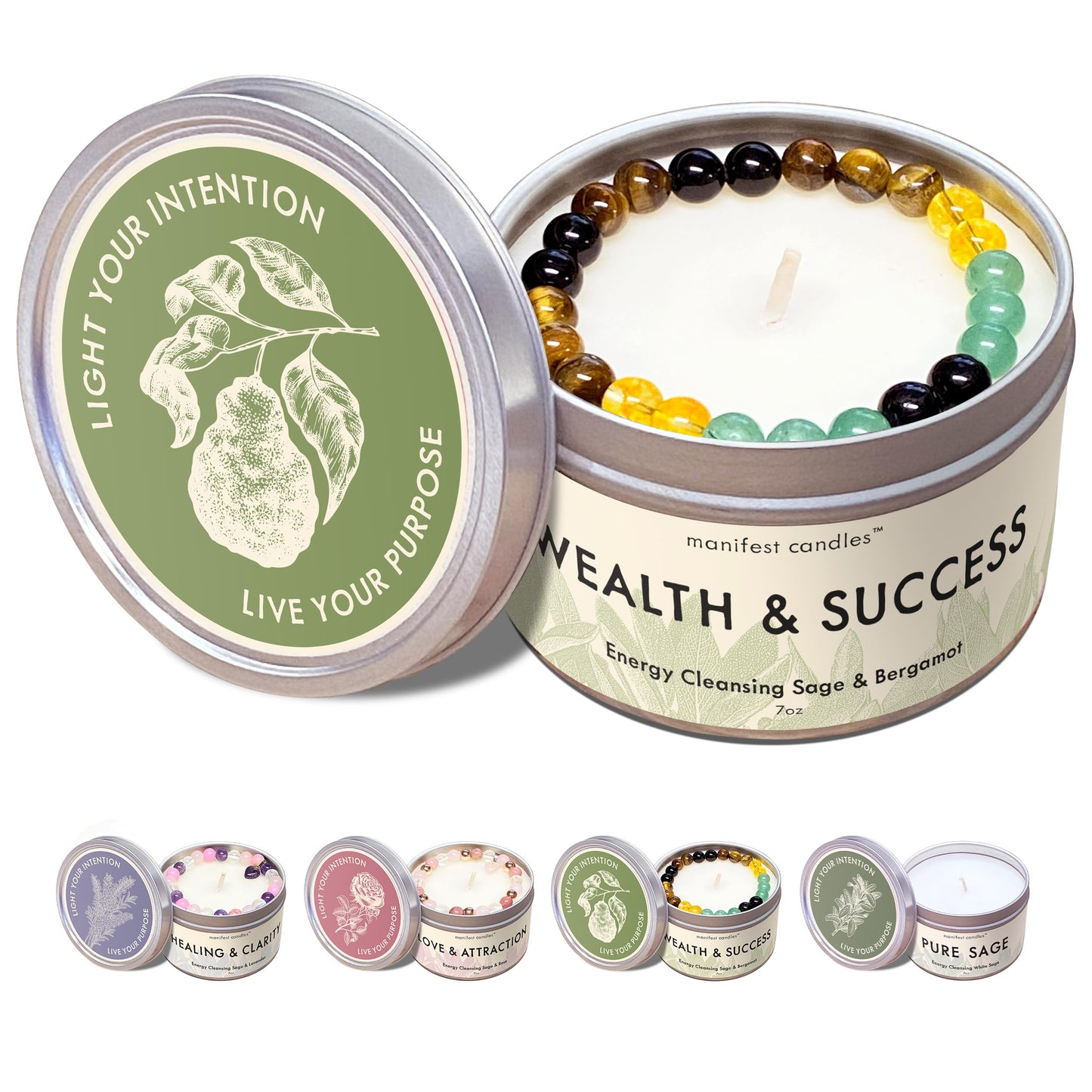 Manifest Sage & Bergamot Money Candle with Wealth Bracelet – 45 Hour Burn