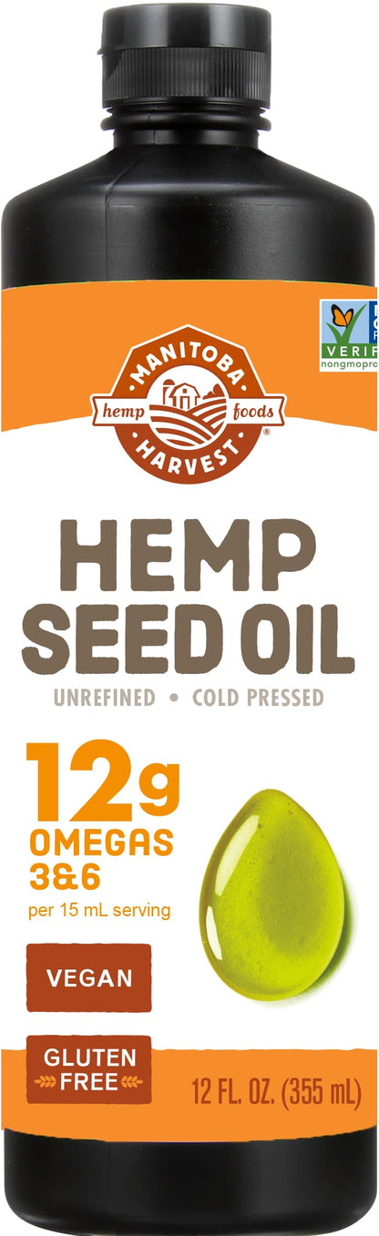 Manitoba Harvest Hemp Seed Oil - Cold Pressed, 12 oz | 12g Omegas 3 & 6 per Serving, Non-GMO, Vegan, Gluten Free