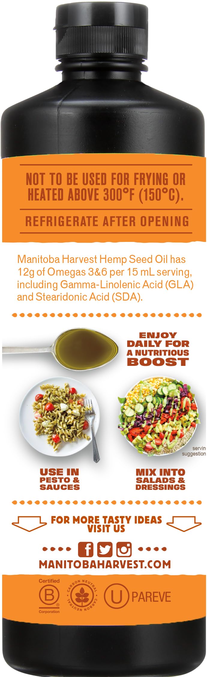 Manitoba Harvest Hemp Seed Oil - Cold Pressed, 12 oz | 12g Omegas 3 & 6 per Serving, Non-GMO, Vegan, Gluten Free