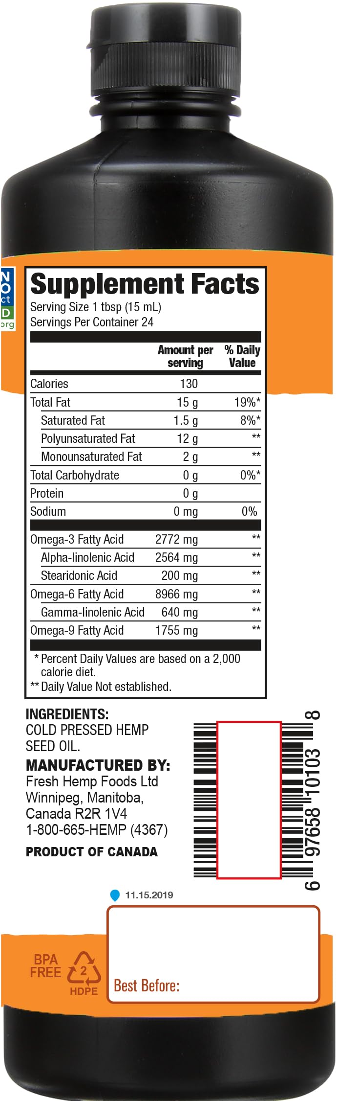 Manitoba Harvest Hemp Seed Oil - Cold Pressed, 12 oz | 12g Omegas 3 & 6 per Serving, Non-GMO, Vegan, Gluten Free