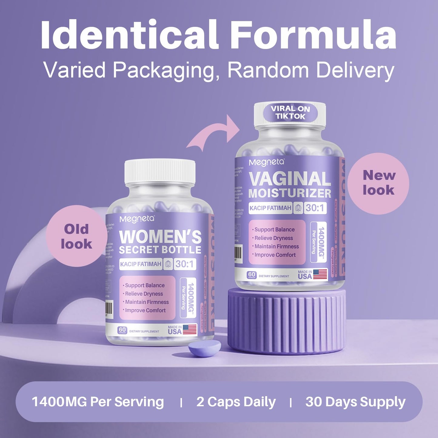 MEGNETA Vaginal Moisturizer Capsules – Kacip Fatimah 1000mg & Manjakani 200mg, Slippery Elm, Vegan (120 Capsules)
