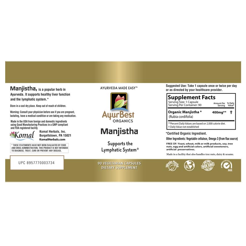 AyurBest Manjistha 400mg Capsules - USDA Organic, Kosher - 90 Count