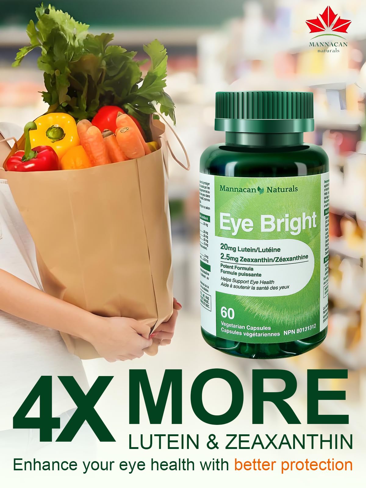 MANNACAN NATURALS Lutein & Zeaxanthin Supplements for Eye Health – 60 Capsules | Lutein + Zeaxanthin, Bilberry & AREDS 2
