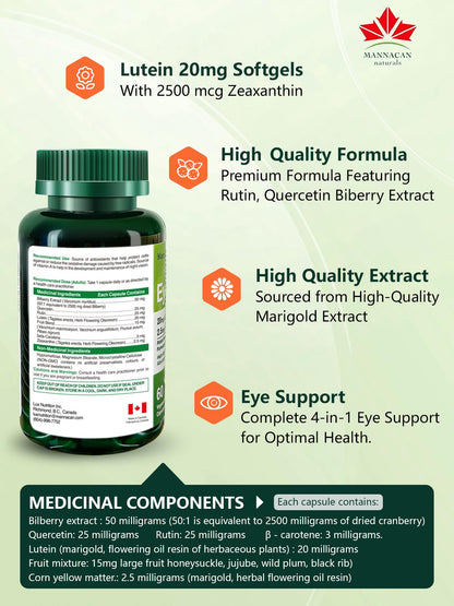 MANNACAN NATURALS Lutein & Zeaxanthin Supplements for Eye Health – 60 Capsules | Lutein + Zeaxanthin, Bilberry & AREDS 2