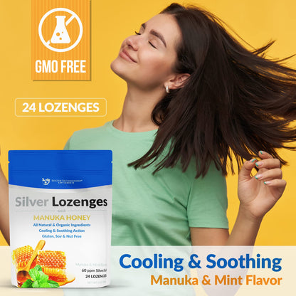 Silver Lozenges with Manuka Honey & Vitamin C – Nano Silver 60 PPM, 45-50mcg, 24 Lozenges