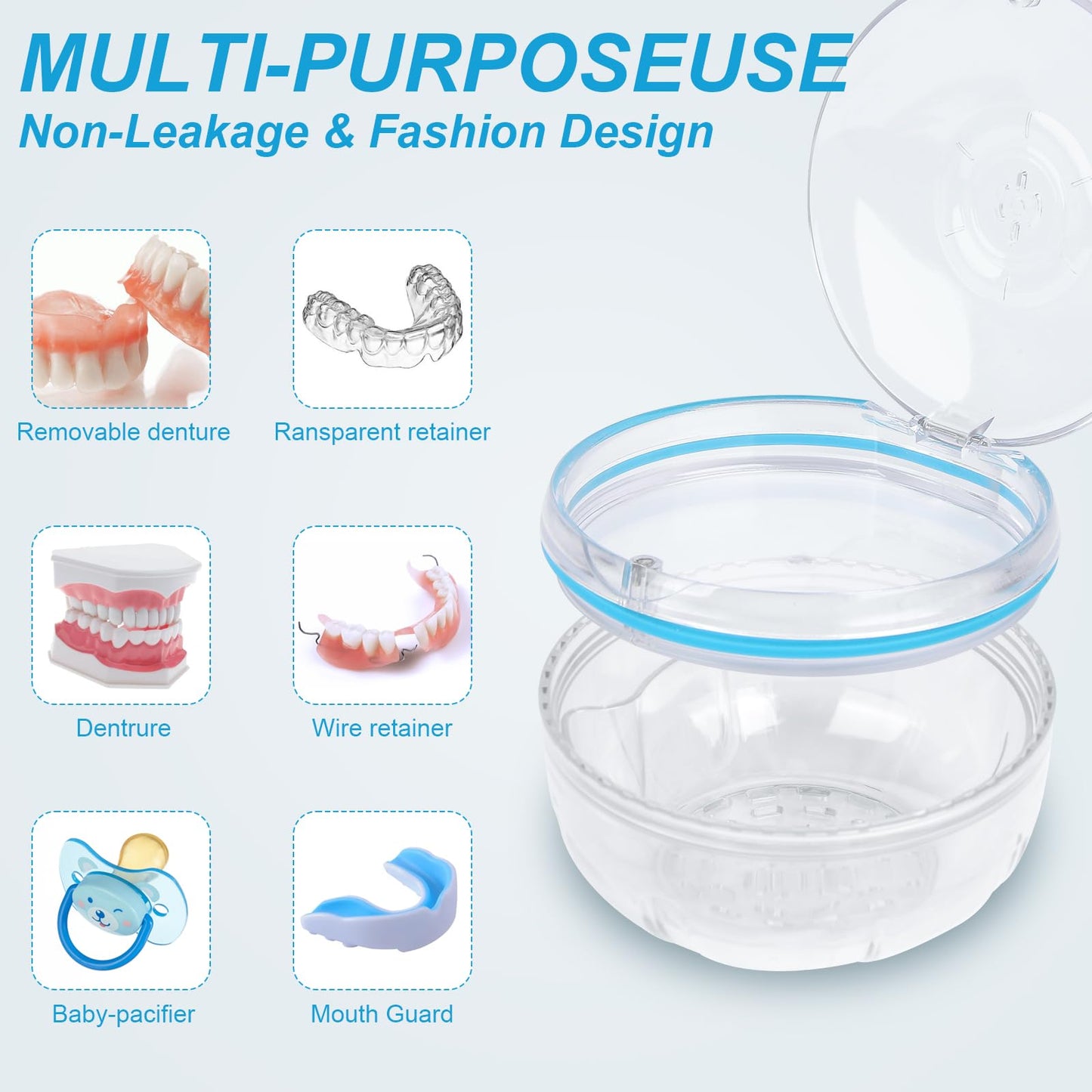 Maoerdental Retainer Cleaner Case – Double Layer No-Leak Denture Cup for Soaking Dentures, Invisalign, Retainers, Mouth Guards (Transparent)