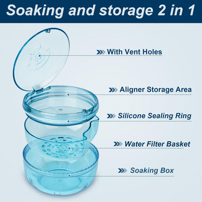 Maoerdental Retainer Cleaner Case - Double Layer No-Leak Denture Cup (Blue) for Aligners & Retainers