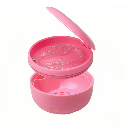 Maoerdental Retainer Cleaner Case – Double Layer No-Leak Denture Cup (Pink)