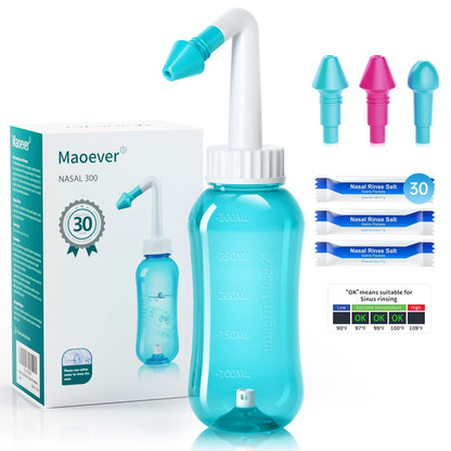 MAOEVER Neti Pot Sinus Rinse Bottle – BPA-Free 300 ml, 30 Salt Packets, Thermometer