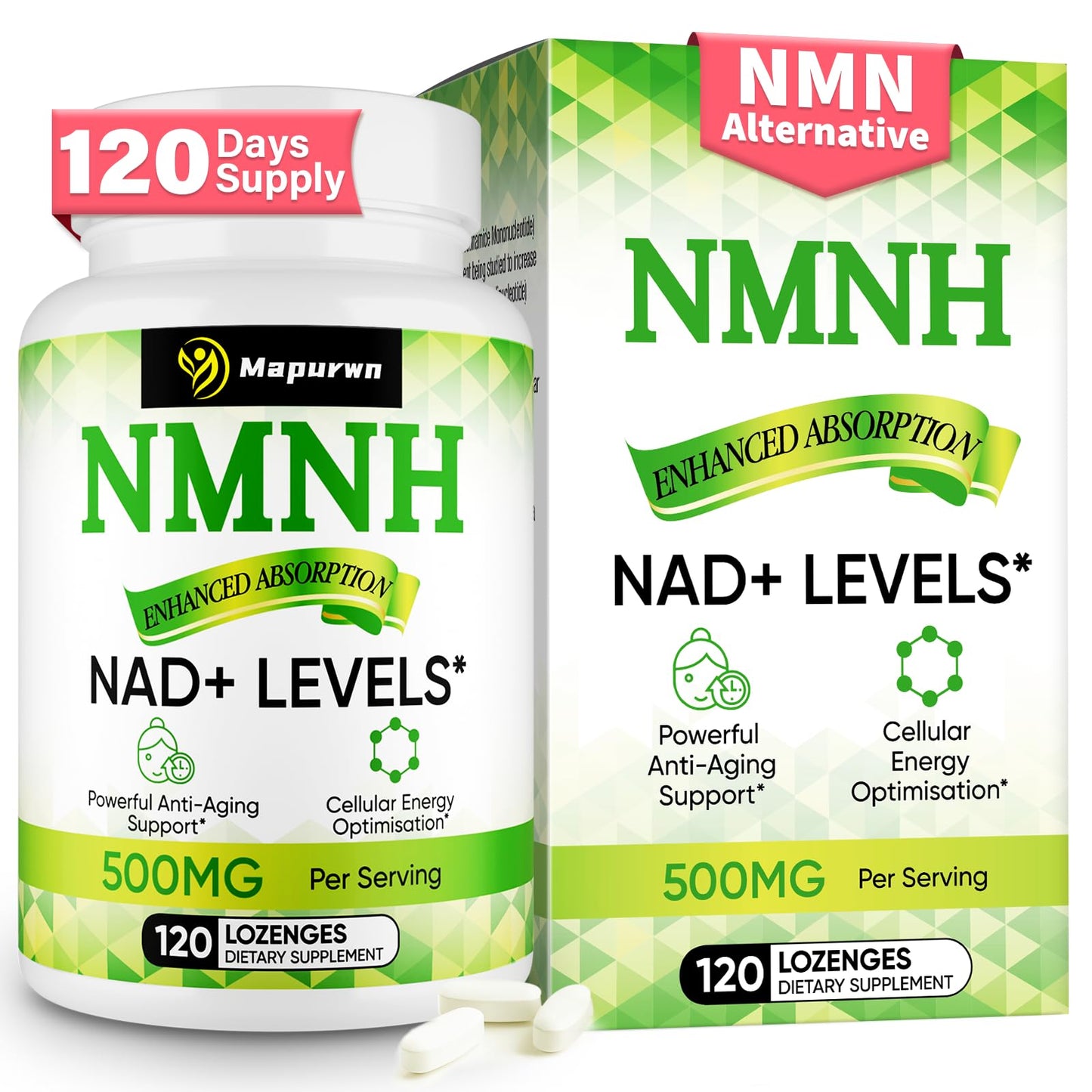 Mapurwn NMNH NMN Supplement 500mg | NAD+ Booster for Aging, Energy & Focus | 120 Count