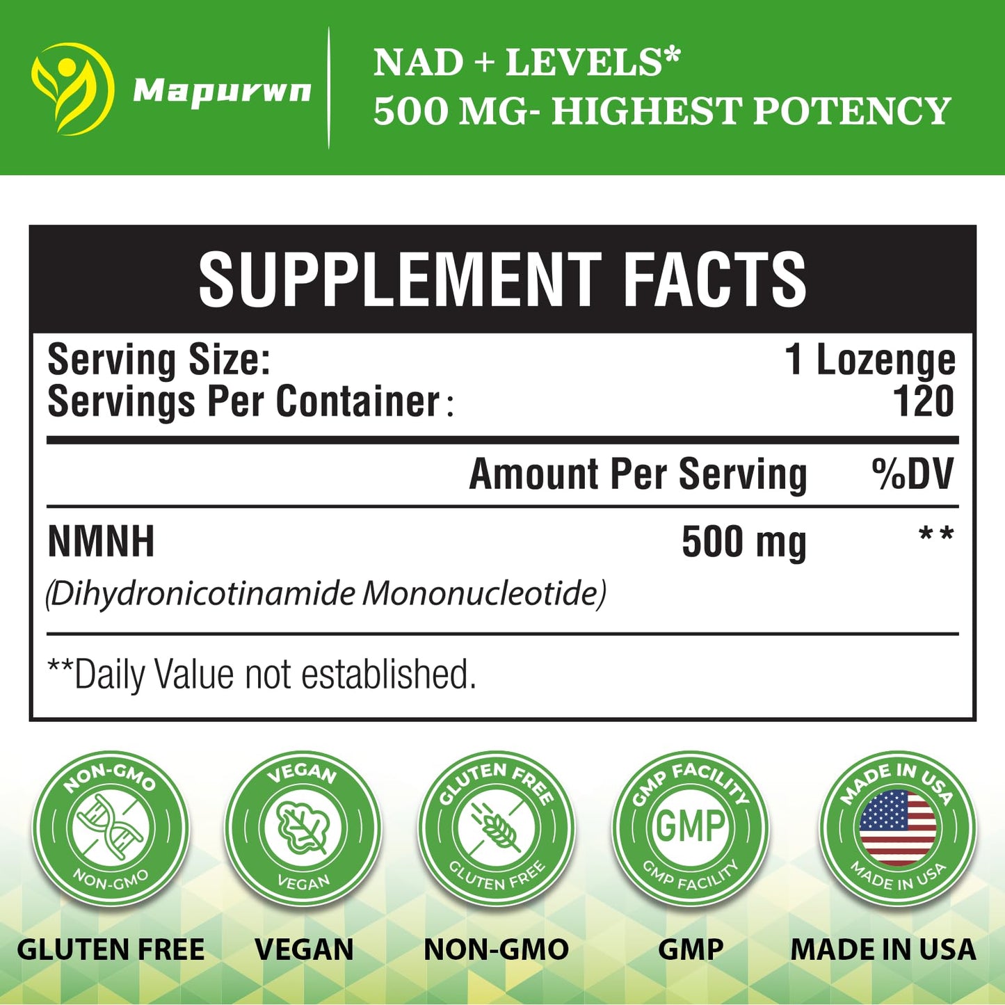 Mapurwn NMNH NMN Supplement 500mg | NAD+ Booster for Aging, Energy & Focus | 120 Count