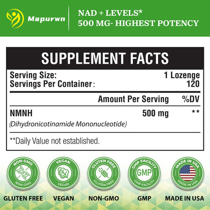 Mapurwn NMNH NMN Supplement 500mg | NAD+ Booster for Aging, Energy & Focus | 120 Count