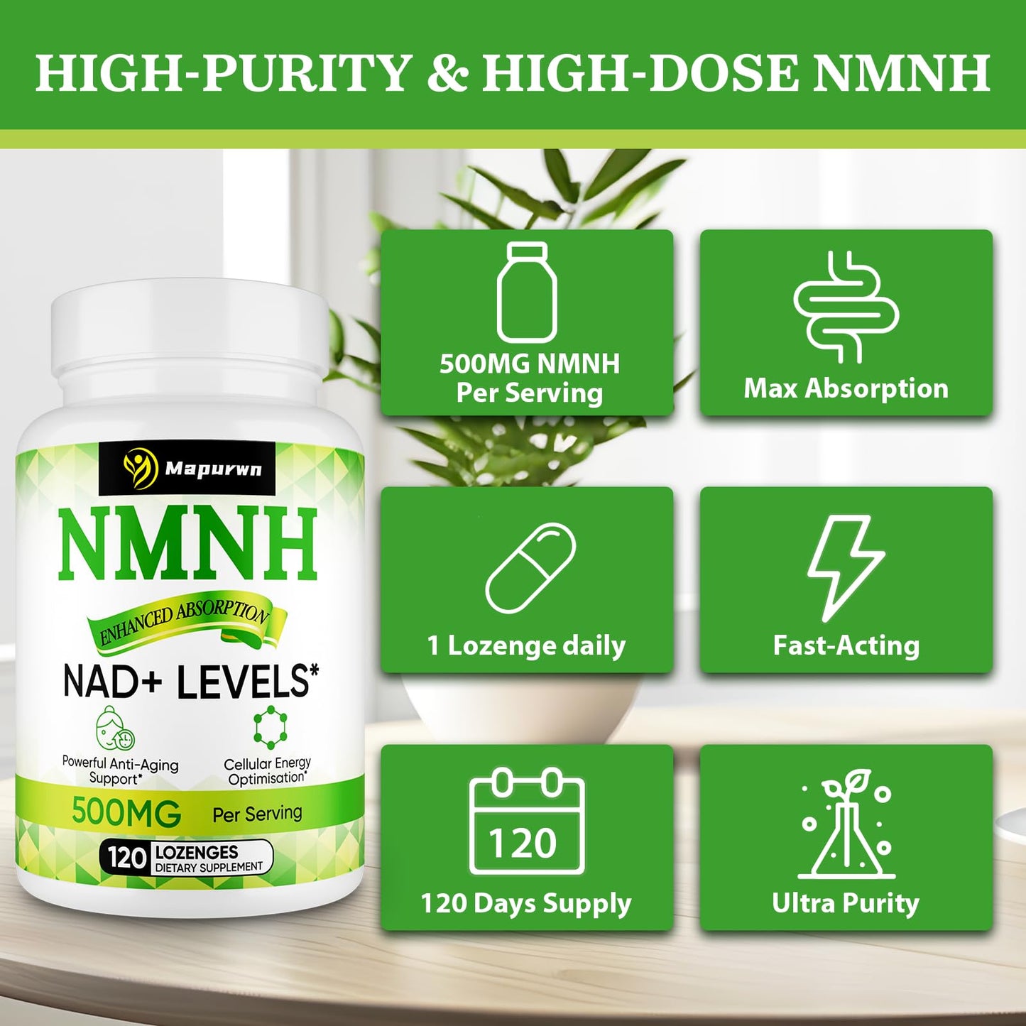 Mapurwn NMNH NMN Supplement 500mg | NAD+ Booster for Aging, Energy & Focus | 120 Count