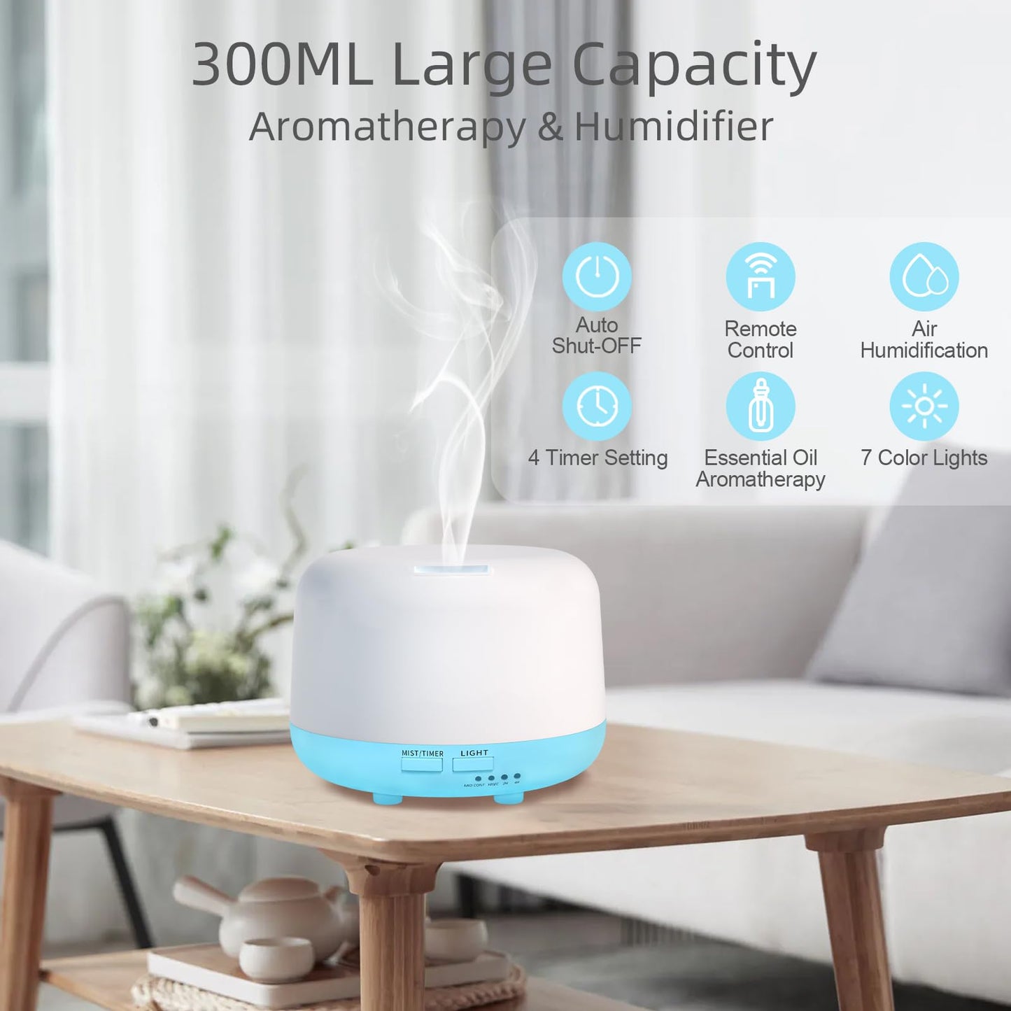 Marchred 300ML Essential Oil Diffuser with Remote – 7-Color LED, 8-Hour Mist