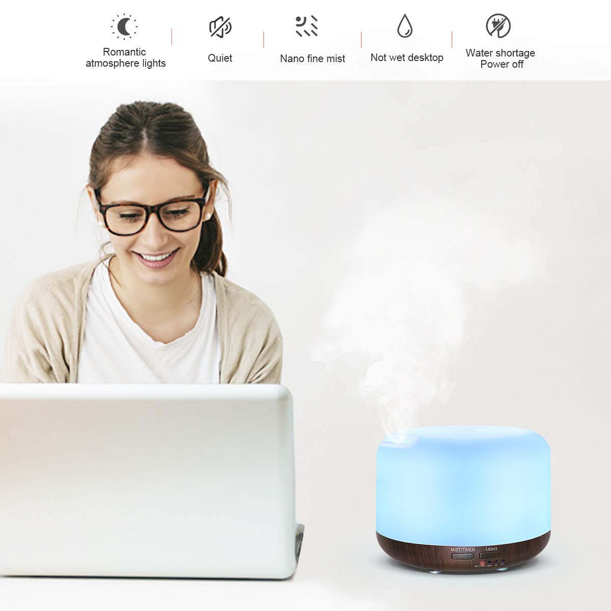 Marchred 300ML Essential Oil Diffuser with Remote – Ultrasonic Humidifier for Large Rooms (Dark Wood Grain)