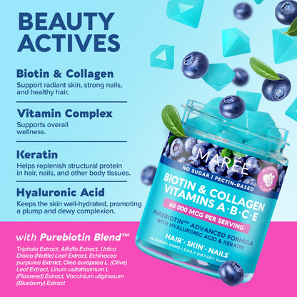 MAREE Vitamin B1 Thiamine & Biotin Gummies - A E D C Vitamins Complex with Keratin, Collagen, Hyaluronic & Pantothenic Acid for Skin, Nails & Hair