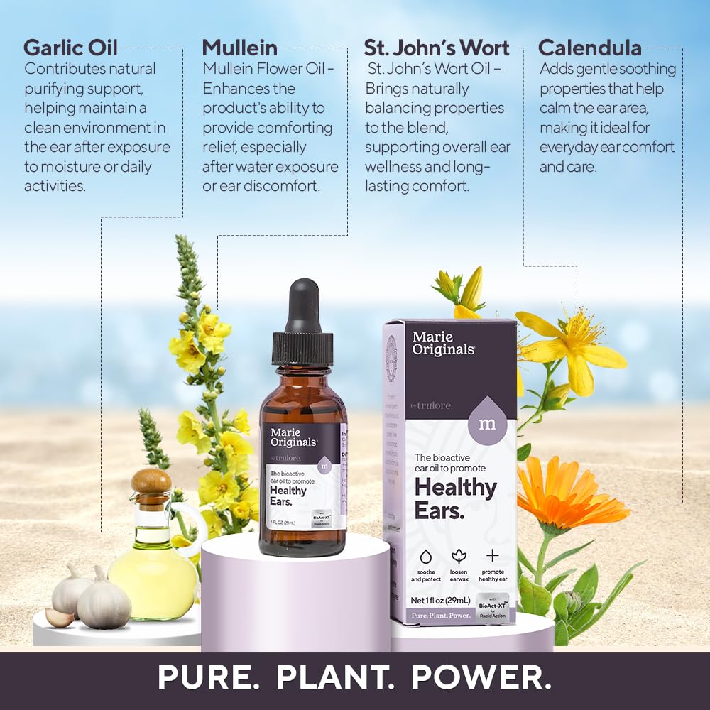 Marie Originals Natural Ear Oil Drops – Mullein Garlic Herbal Ear Care for All