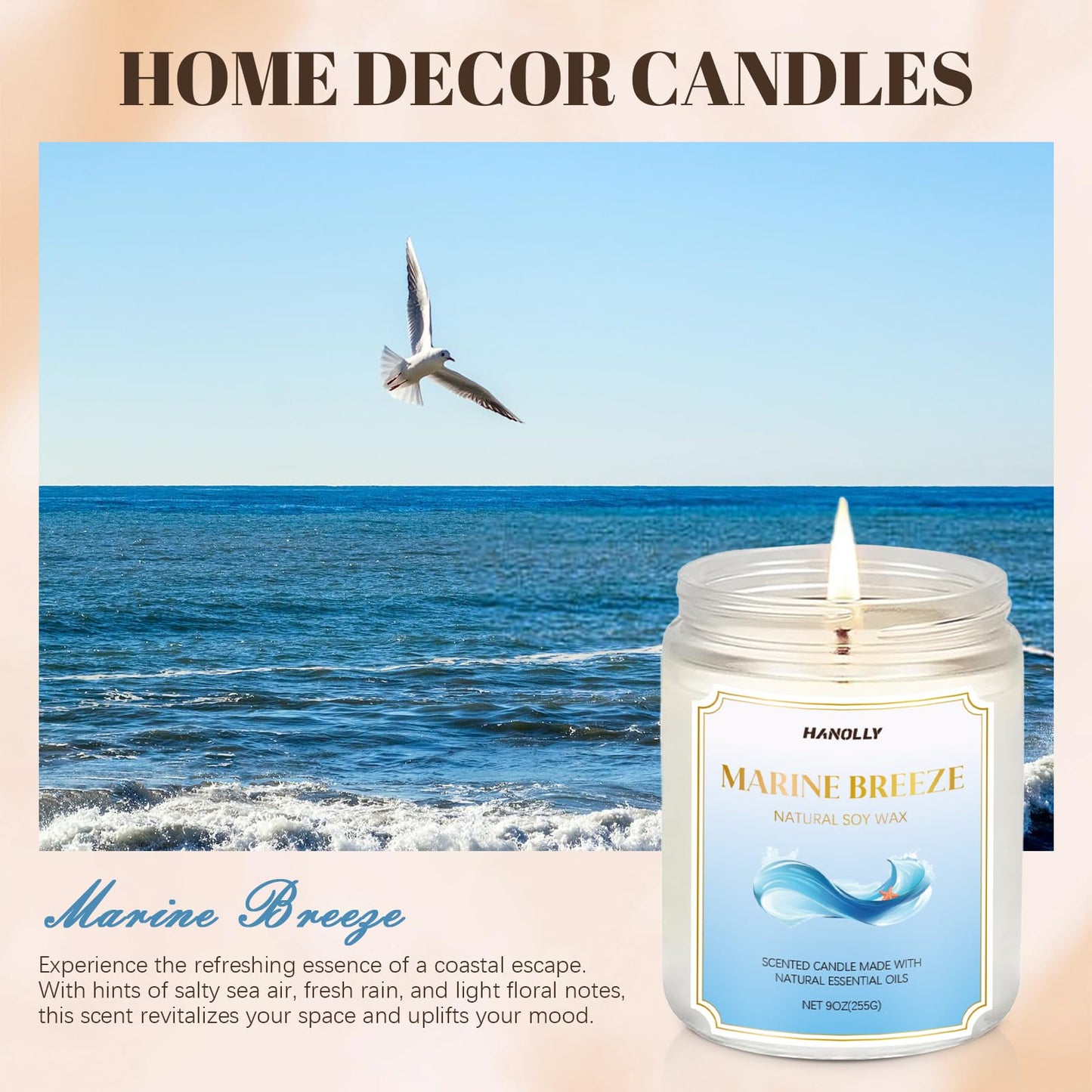 Marine Breeze Candle 9 oz – Scented Soy Candle for Calming Home Ambiance