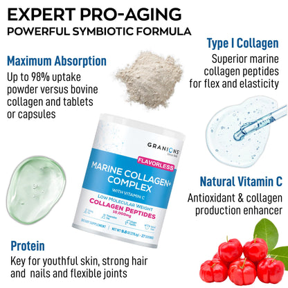 Marine Collagen Powder Unflavored - Type I Hydrolyzed Peptides + Acerola Vitamin C (9.8oz)