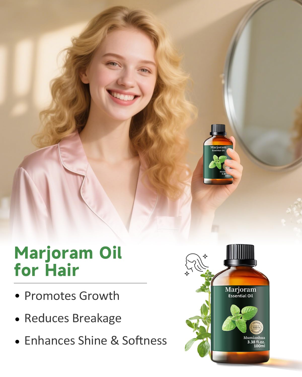 Pure Marjoram Essential Oil | Mumianhua Natural Marjoram Oil 3.38 fl oz