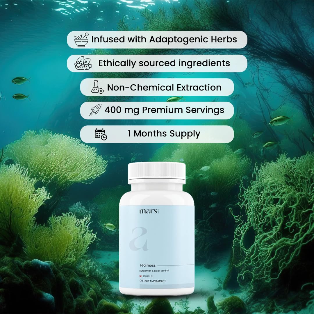 Mars Sea Moss Caps Surge Natural (60N) – 84 Minerals, Black Seed Oil & Vitamin D3 | Pack of 1