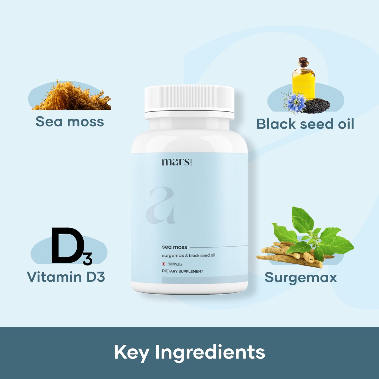 Mars Sea Moss Caps Surge Natural (60N) – 84 Minerals, Black Seed Oil & Vitamin D3 | Pack of 1