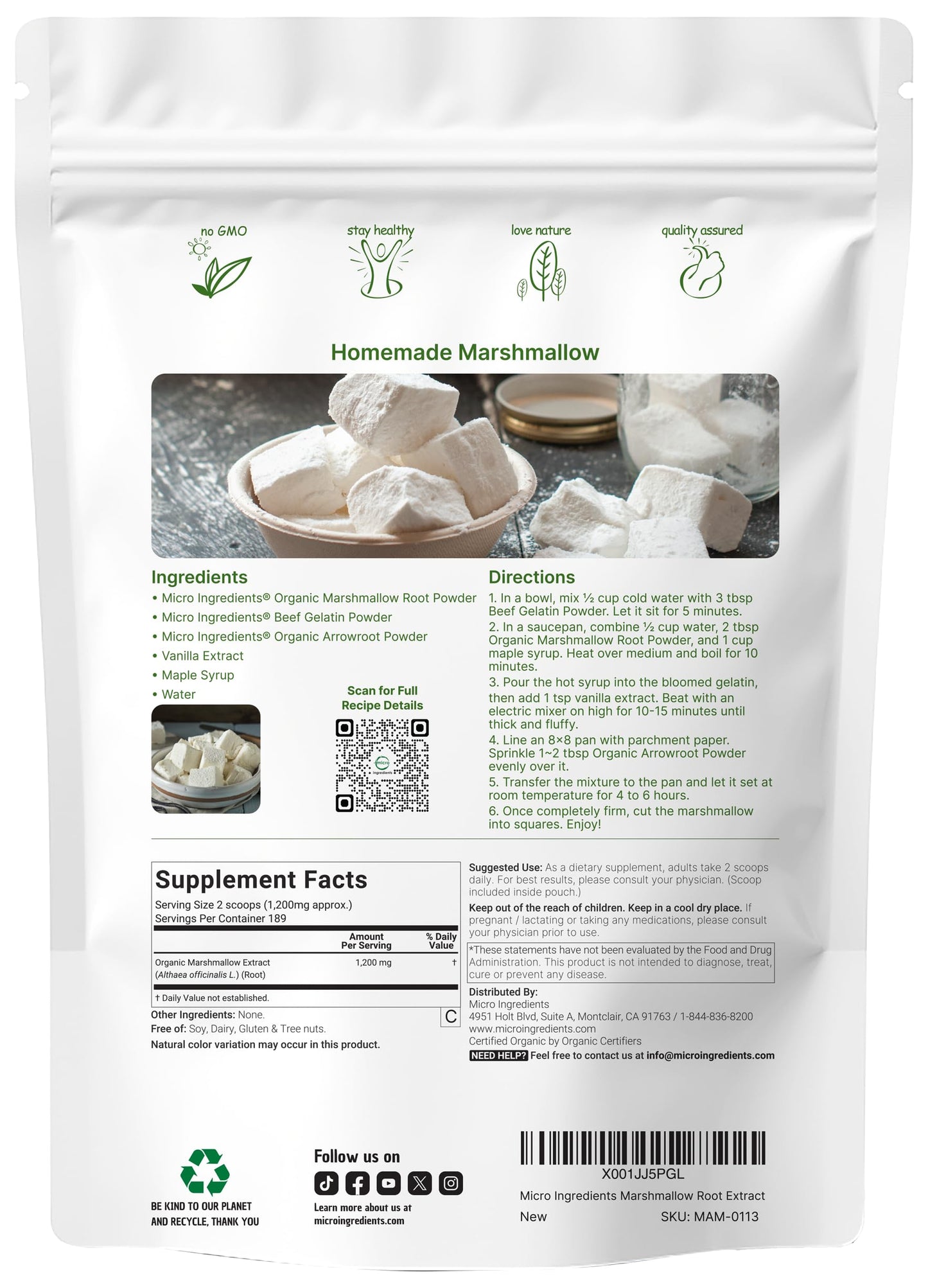 Organic Marshmallow Root Powder 8 oz - Filler-Free, Non-GMO, Vegan | Micro Ingredients