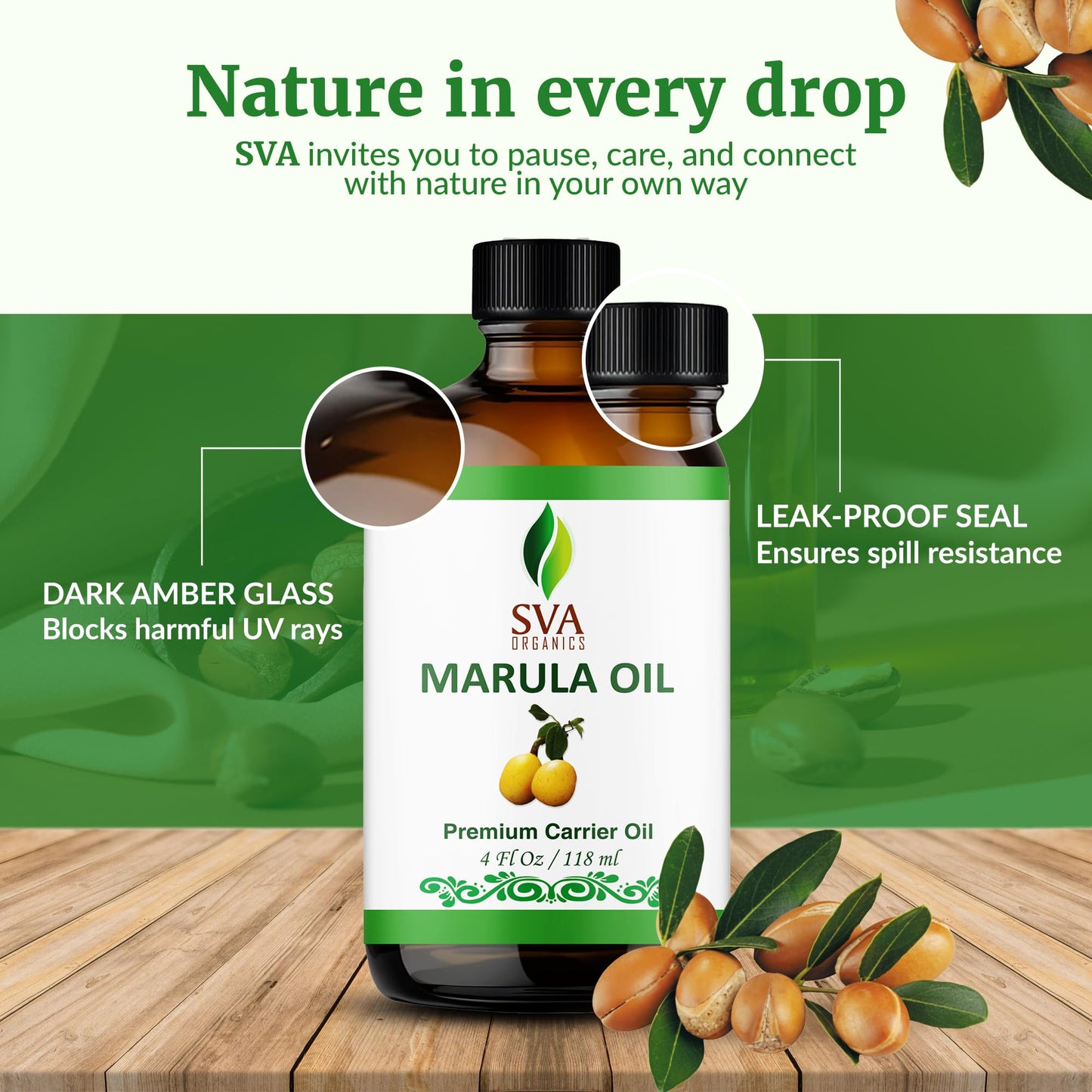 SVA Organic Marula Seed Oil – 4 Fl Oz | Cold-Pressed Virgin Marula Oil for Face, Skin & Hair
