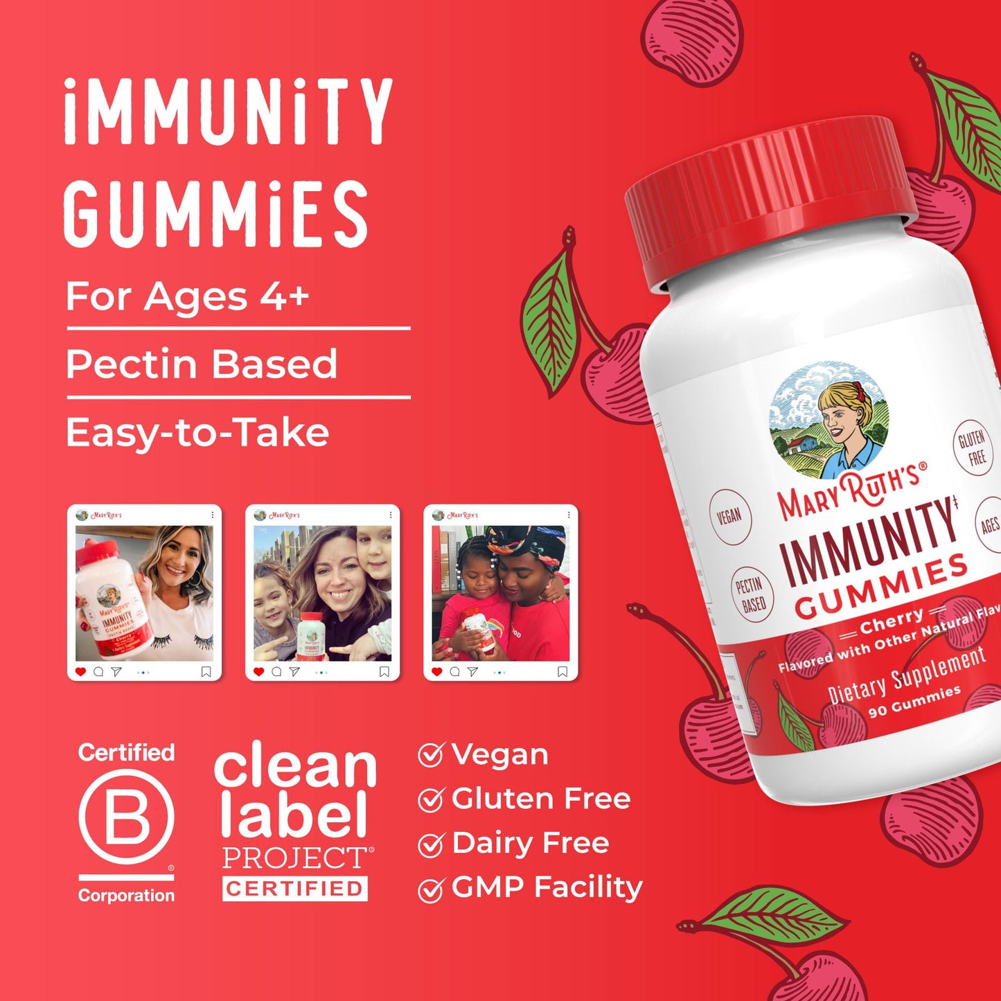 Mary Ruth's 5-1 Immunity Gummies with Elderberry for Kids & Adults – Cherry | Pectin Based | Vegan | 90 Count