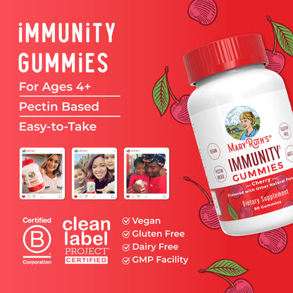 Mary Ruth's 5-1 Immunity Gummies with Elderberry for Kids & Adults – Cherry | Pectin Based | Vegan | 90 Count