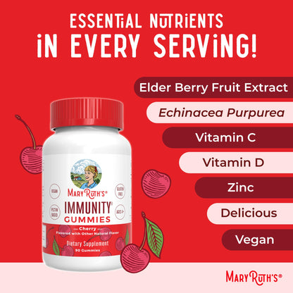 Mary Ruth's 5-1 Immunity Gummies with Elderberry for Kids & Adults – Cherry | Pectin Based | Vegan | 90 Count