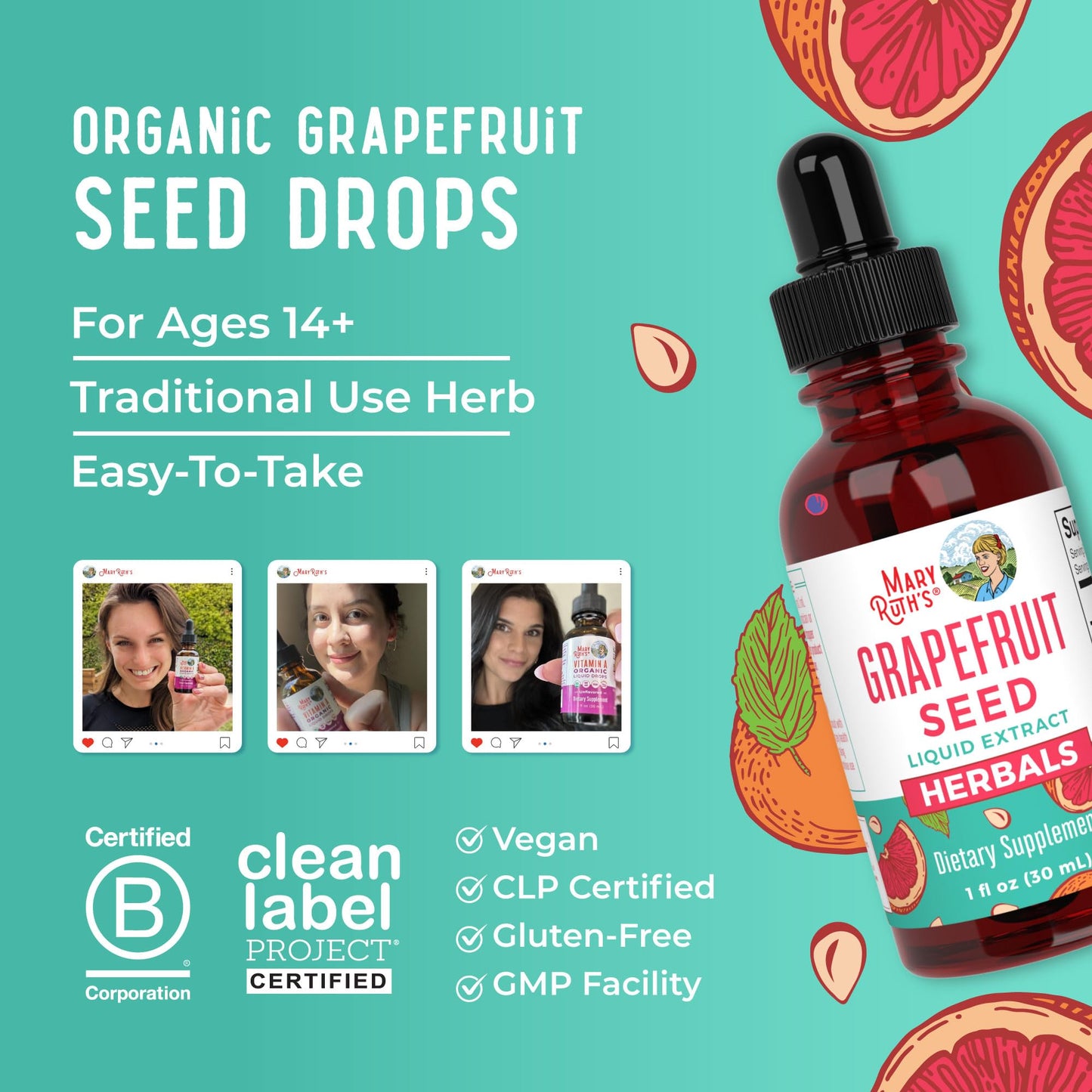 MaryRuth Organics Grapefruit Seed Extract Drops | Peel & Seed, Sugar Free, 1 oz