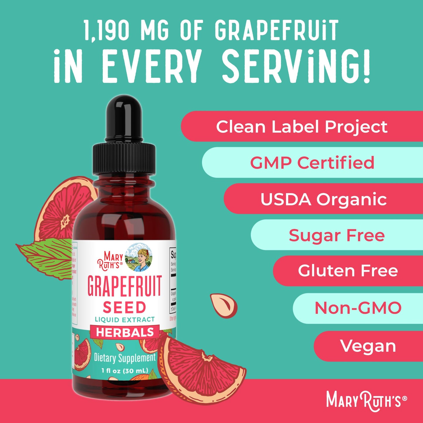 MaryRuth Organics Grapefruit Seed Extract Drops | Peel & Seed, Sugar Free, 1 oz