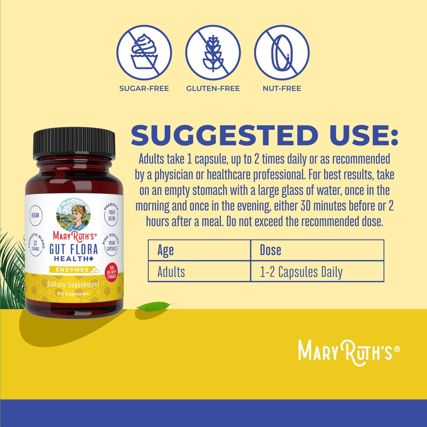 MaryRuth Organics Gut Flora Health+ Enzymes | 60 Capsules | Probiotic Digestive Enzymes