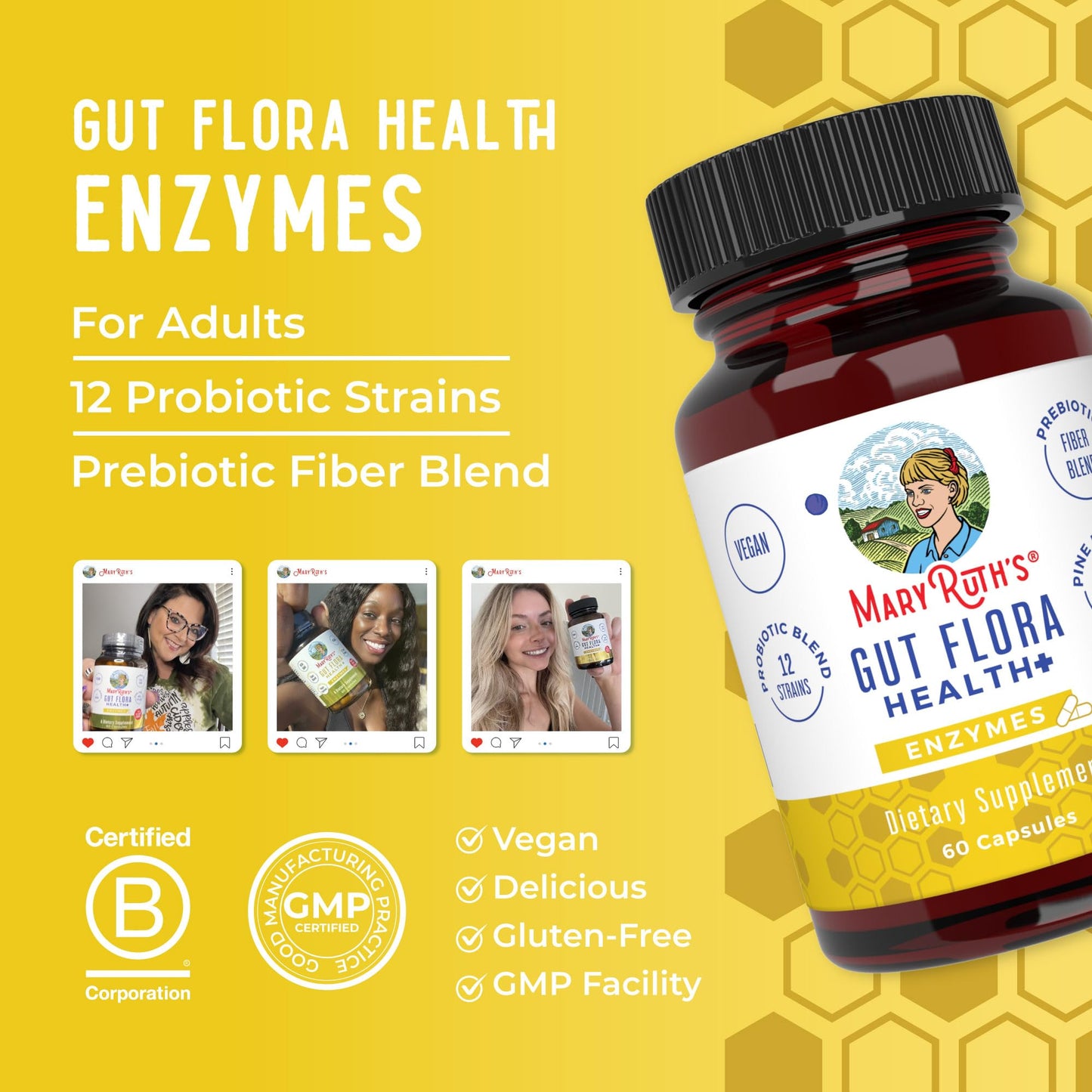 MaryRuth Organics Gut Flora Health+ Enzymes | 60 Capsules | Probiotic Digestive Enzymes