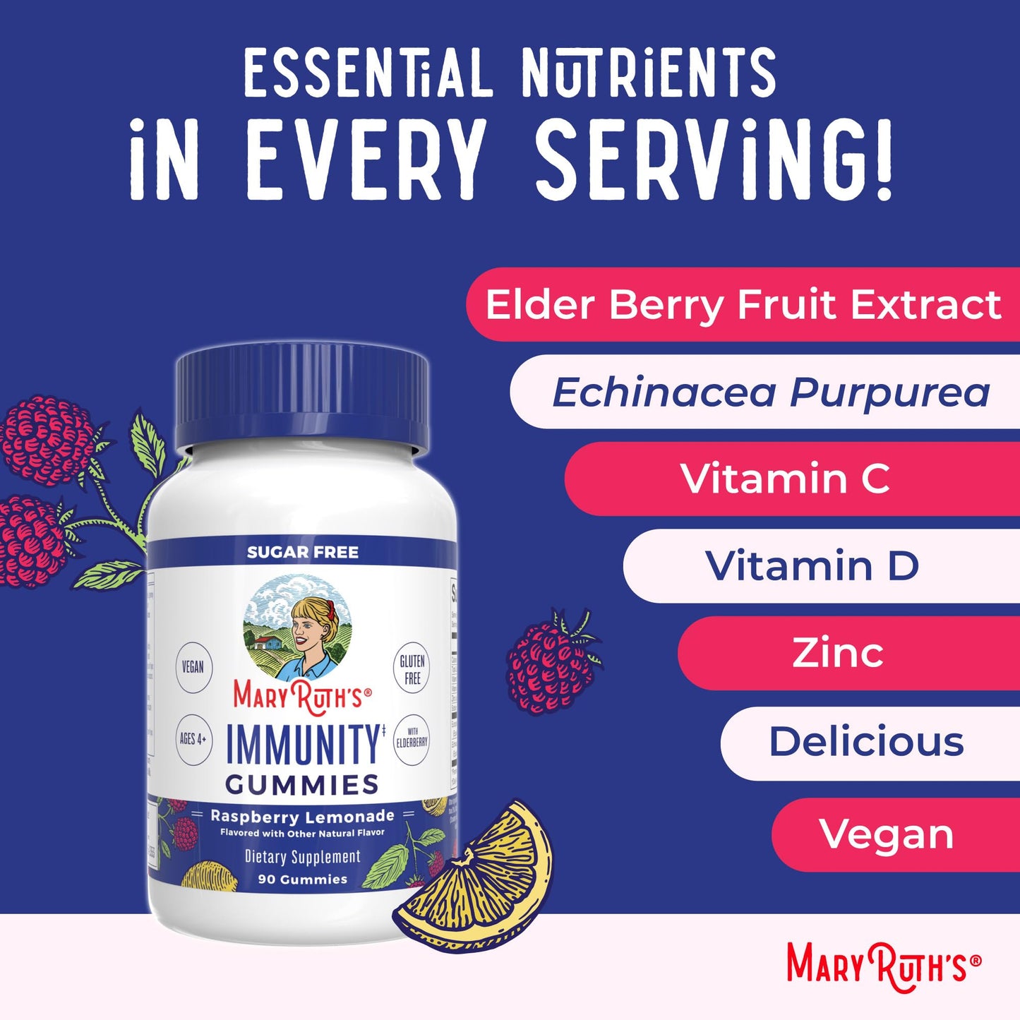 MaryRuth Organics Sugar Free Immunity Gummies – Elderberry, Vitamin C & Zinc | Vegan & Non-GMO | 90ct