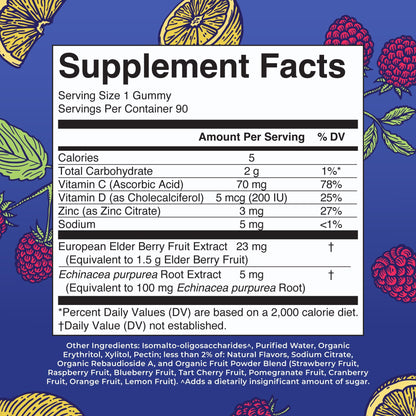 MaryRuth Organics Sugar Free Immunity Gummies – Elderberry, Vitamin C & Zinc | Vegan & Non-GMO | 90ct
