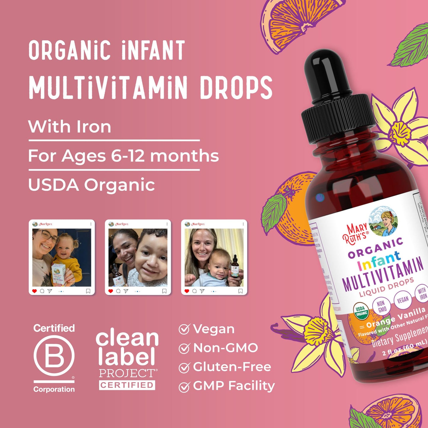 MaryRuth Organics Infant Multivitamin with Iron – USDA Organic Liquid Drops (6-12 Months) | 2 Fl Oz