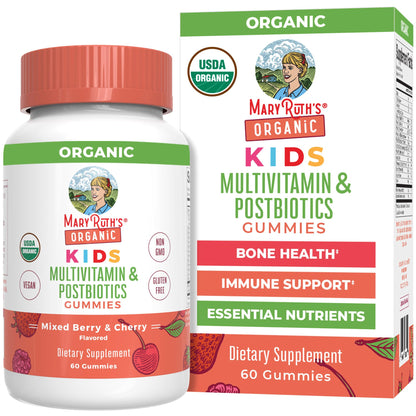 MaryRuth Organics Kids Vitamins – USDA Organic Multivitamin Gummies with Postbiotics (Ages 4+) | Vegan, Non-GMO | 60 Count