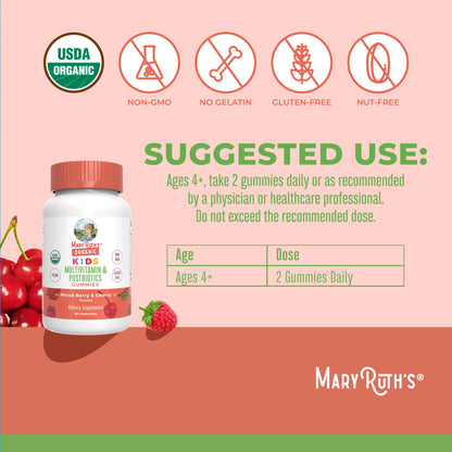 MaryRuth Organics Kids Vitamins – USDA Organic Multivitamin Gummies with Postbiotics (Ages 4+) | Vegan, Non-GMO | 60 Count
