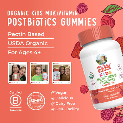 MaryRuth Organics Kids Vitamins – USDA Organic Multivitamin Gummies with Postbiotics (Ages 4+) | Vegan, Non-GMO | 60 Count