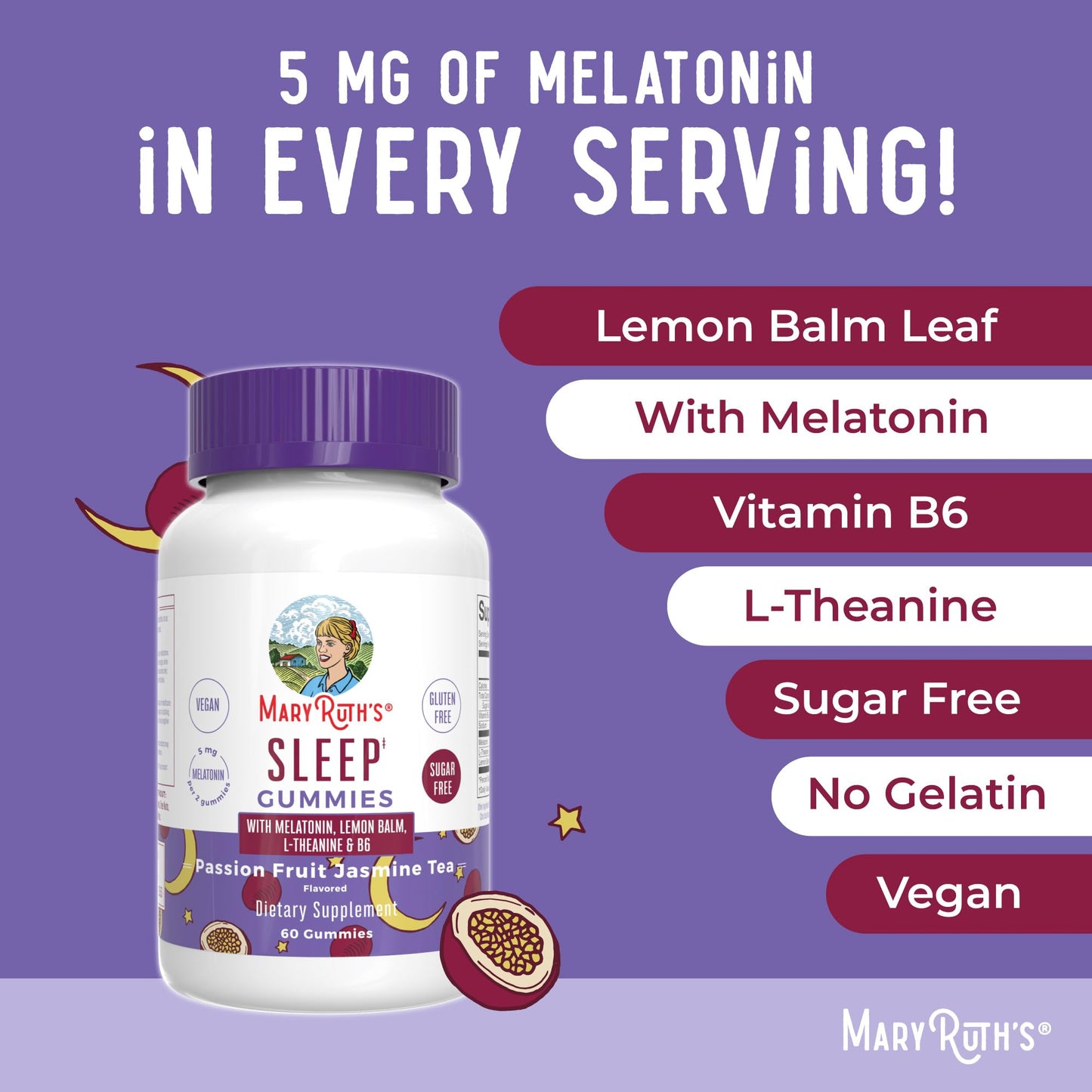 MaryRuth Organics Melatonin 5mg Sleep Gummies with L-Theanine – Lemon Balm, B6, Sugar-Free, Vegan, Non-GMO, Gluten Free | 60 Count