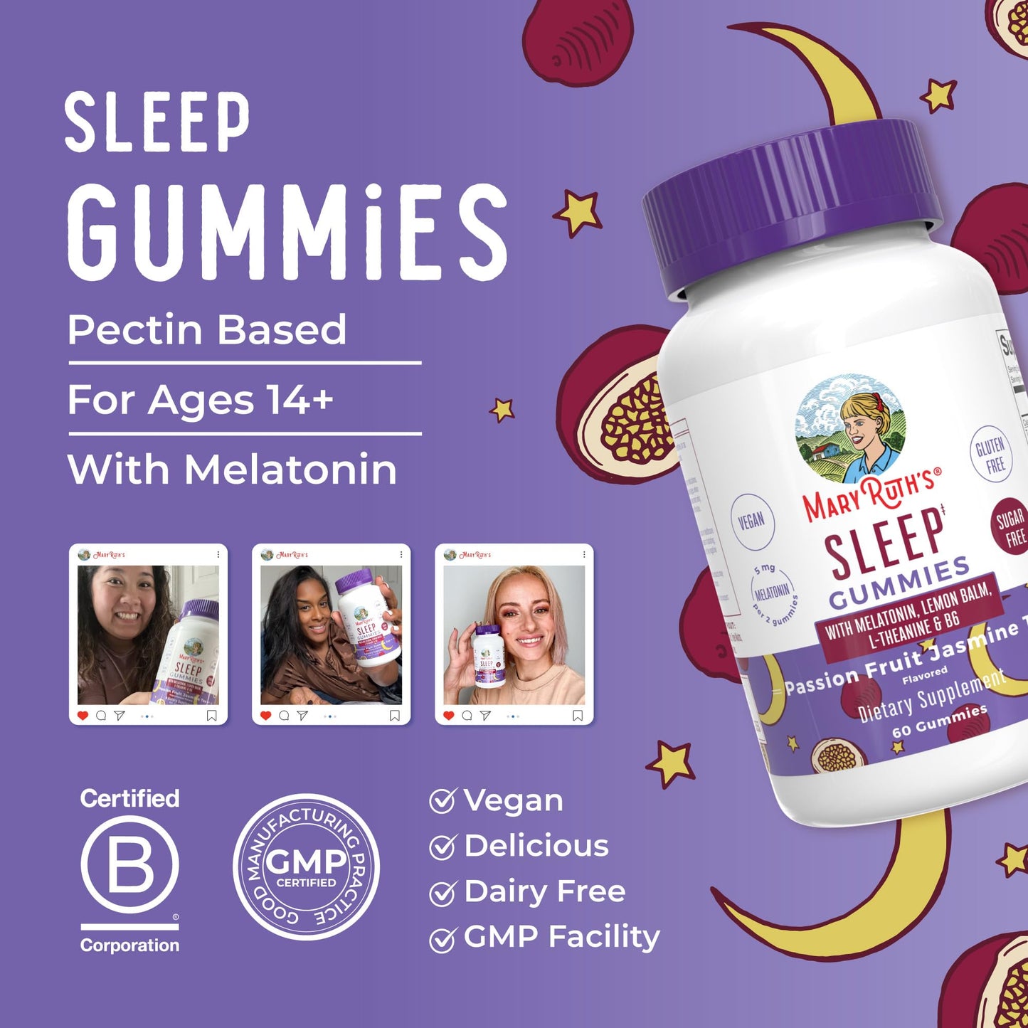MaryRuth Organics Melatonin 5mg Sleep Gummies with L-Theanine – Lemon Balm, B6, Sugar-Free, Vegan, Non-GMO, Gluten Free | 60 Count